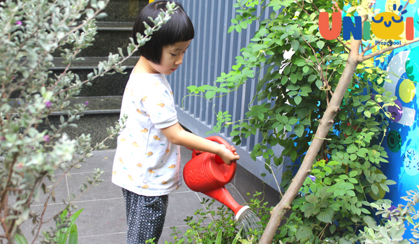 Trẻ chăm sóc cây trong hoạt động Reggio ngoài trời 
